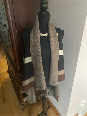 Striped Open Cardigan Sweater Vest with Shawl Collar - Brown/Black/Cream